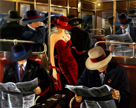 *Into the train* - woman, style, men, 50s, hats, fantasy, in, from the past, train, art, galore, red, wagon, old fashion, dress