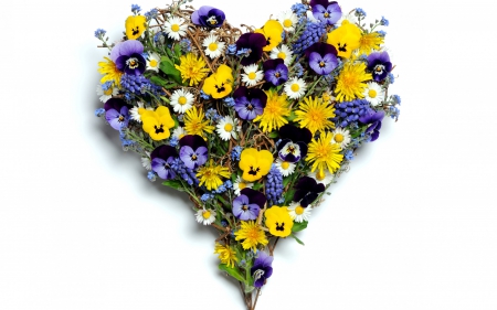 Heart - heart, day, mother, valentine, white, pansy, yellow, blue, green, flower