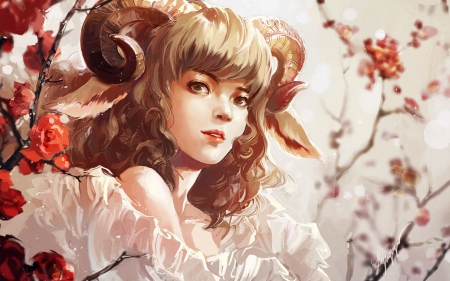 Zodiac ~ Aries - fawn, red, aries, fantasy, zodiac, girl, horns