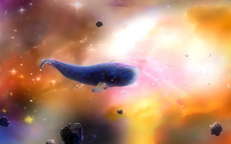 Spatial whale - space, summer, rock, water, asteroid, stars, abstract, art, fantasy, whale, orange, luminos, underwater