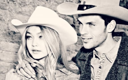 â™¥ - woman, gigi hadid, couple, cowgirl, black, model, white, cowboy, blue, man, blonde