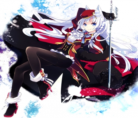 Fox Lady - pretty, anime, female, long hair, foxxie, red, coat, art, anime girl, winter, beautiful, girl, beauty, lovely, sweet, black, white, lady, cute