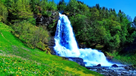 Spring waterfall - slope, trees, mountain, lovely, spring, beautiful, waterfasll, grass, wildflowers