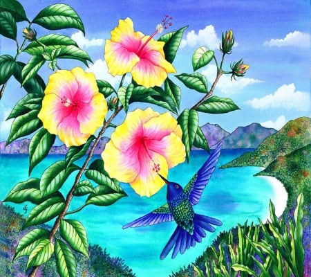 Summer - flowers, abstract, nature, sea, mountains, hummingbird