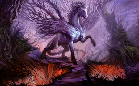 Fantasy horse - fantasy, purple, red, wings, forest, art, horse, tree