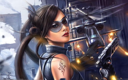 Fantasy girl - fantasy, blue, woman, gun, girl, bryan sola, sunglasses