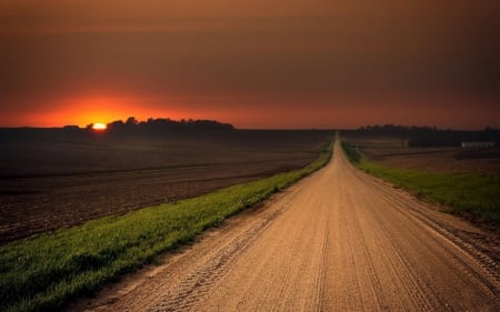 Sunset - nature, feilds, sunset, road