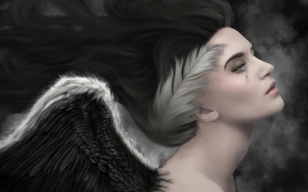 Black angel - tears, feathers, sad, wings, black angel, fantasy