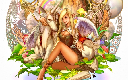 ELF GIRL with UNICORN - warrior, fantasy creatures, girl, digital fantasy, elf, fantasy, lineage, woman, games, unicorn, arts