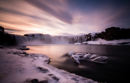 Waterfall - clouds, winter, winter time, nature, waterfall, snowy, snow, sky