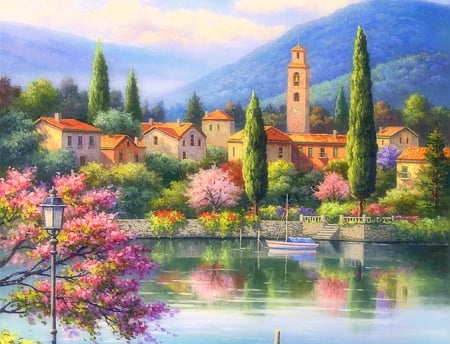 Village Lake Afternoon - attractions in dreams, beautiful, paintings, lakeside, colors, architecture, boats, landscapes, villages, lakes, love four seasons, clock tower