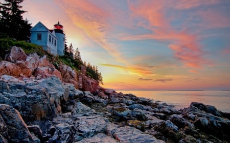 Lighthouse - cloud, cliff, sky, lake, lighthouse, rock