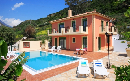 Place for a relaxing weekend - hill, tree, summer, house, pool