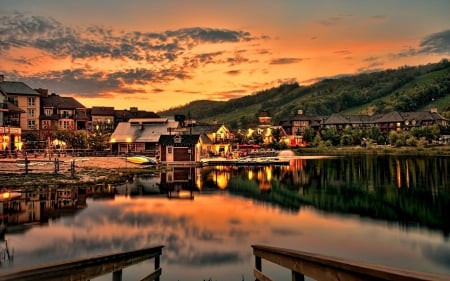 Lake in small village - sky, houses, lake, clouds, small village