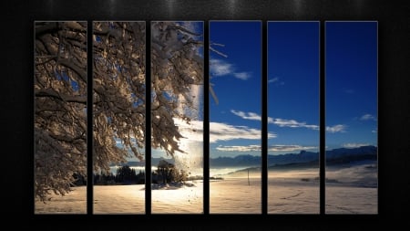 Winter nature - mountains, sky, trees, snow