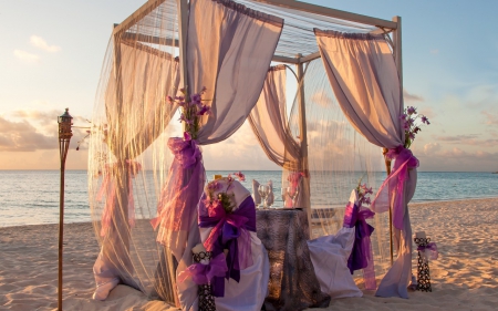 Romantic Beach Dinner - sand, ribbon, wedding, dinner, beach, table, sea, romantic