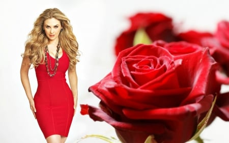 Aracely Arambula - actress, singer, rose, white, red, by cehenot, aracely arambula, flower, dress, blonde