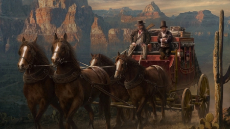 Stagecoach - 1600x900, old west, scenic, horses