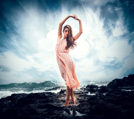 Silhouette - beach, splendor, girl, sea, silhouette, outdoor, joy