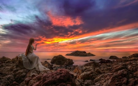 Girl Watching a Sunset at the Beach - beach, girl, nature, sunset