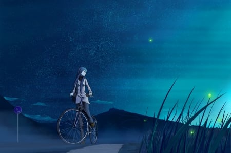 Beautiful night - stars, pretty, girl, mountain, night, anime, bicycle, anime girl