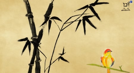 korean painting - korean, leaf, bamboo, bird