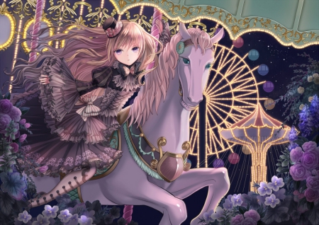 Carousel - pretty, anime, kawaii, female, blossom, theme park, carousel, scene, dress, night, light, lolita, nice, loli, ferris wheel, gown, anime girl, girl, lovely, sweet, flower, petals, horse, merry go round, cute, adorable, floral, park