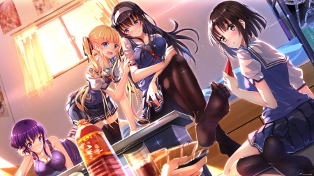 Meeting - nice, beauty, female, hot, blond, room, anime girl, brown hair, blond hair, pretty, blonde hair, window, table, anime, food, house, sexy, girl, light, long hair, lovely, school uniform, eat, beautiful, sweet, group, blonde