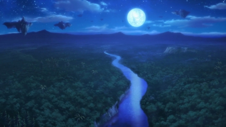 SAO: Night Sky - nice, beauty, horizon, sky, magic, sao, view, glowing, pretty, cloud, reflection, river, anime, green, sword art online, scene, moon, scenic, landscape, light, night, lovely, glow, woods, forest, blue, beautiful, scenery, sweet