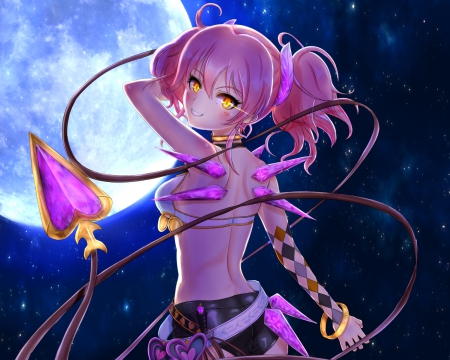 She Devil - pretty, anime, twin tail, female, wing, twintail, night, light, splendid, gorgeous, hd, nice, pink hair, sky, moon, twin tails, anime girl, realistic, twintails, beautiful, hot, ship, girl, beauty, lovely, sweet, cg, glow, glowing, awesome, sexy