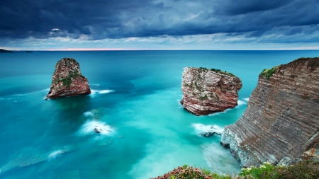 Beautiful Blue Sea - oceans, nature, blue, sea, rocks, coast