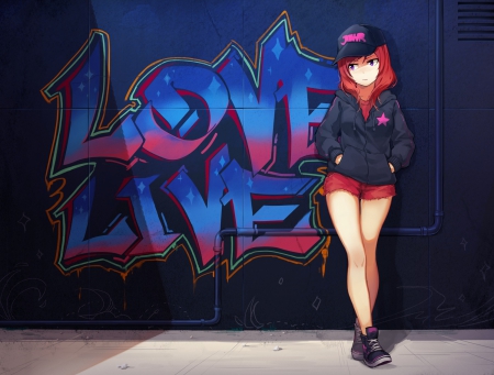 Graffiti - pretty, anime, female, blue, hd, graffiti, nice, art, pants, anime girl, beautiful, hot, girl, beauty, lovely, cap, sweet, cg, painting, jacket, shorts, sexy, wall