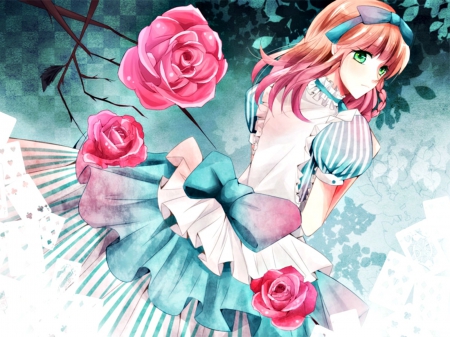 Alice - anime, blue, amnesia, dress, girl, pixiv, flower, pink, series, manga, lolita fashion, rose, alice