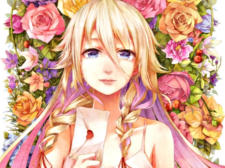 Why? - tears, pixiv, girl, letter, yellow, vocaloid, pink, blonde, flower, ia