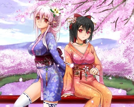 Old Month - pretty, anime, kawaii, female, cherry, blossom, dress, spring, pink, long hair, japan, oriental, hd, nice, anime girl, sakura, cherry blossom, hot, girl, kimono, lovely, sakura blossom, sweet, flower, petals, yukata, cg, cute, adorable, floral, sexy, japanese