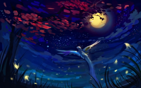 Beautiful night - moon, bird, blue, night, light, tree, dark, autumn, red, full, leaf, art, luminos