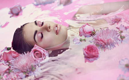 Model in the water - woman, floral, roses, girl, pink, water, flowers