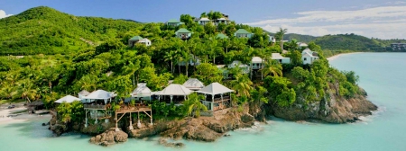 Caribbean Summer - palm trees, beach, cliff, tropical, hotel, rocks, beautiful, island, antigua and barbuda, sea