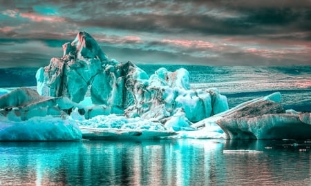 Ice Glacier Lagoon At Sunset - clouds, reflections, winter, beautiful, iceberg, Iceland, ice, sunset, green, cold, frost, lake