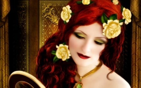 redhead - flower, mirror, rose, woman, redhead