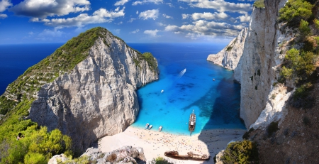 Navagio Beach, Zakynthos Island - clouds, cove, summer, Greece, beach, beautiful, white sands, sea, island, yatchs, shipwreck, cliffs, paradise, famous