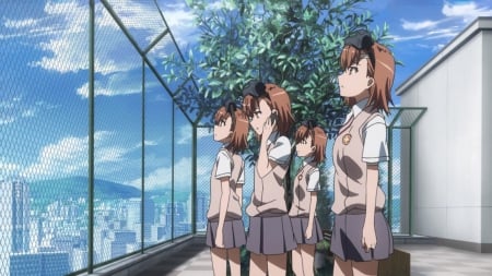 Sister'S - nice, sky, mikoto misaka, female, to aru kagaku no railgun, anime girl, brown hair, pretty, cloud, anime, sisters, sister, team, cute, short hair, scene, fence, adorable, girl, misaka mikoto, mikoto, lovely, misaka, school uniform, railgun, kawaii, twins, sweet, uniform, group