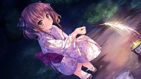 Orikuchi Miu - nice, female, twintail, anime girl, brown hair, pretty, anime, kimono, twin tail, cute, fireworks, adorable, girl, twintails, long hair, night, lovely, kawaii, twin tails, yukata, sweet