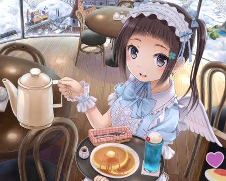 Wings Cafe - nice, female, angel, delicious, wings, anime girl, brown hair, teapot, pretty, table, anime, food, cute, pancake, yummy, girl, adorable, gown, lovely, pie, chair, kawaii, wing, sweet, cafe, maid, dress