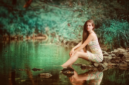 The beauty and river - girl, pretty, trees, river