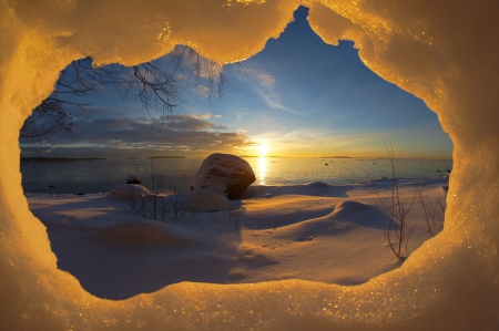 Thaw - winter, sunset, sea, snow