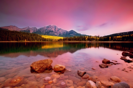 Sunrise at Patricia lake - beautiful, serenity, amazing, shore, lake, sky, aunrise, reflection, tranquilirt, sunset, mountain, colors, calm