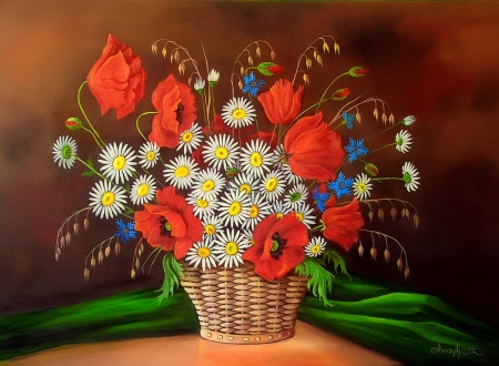 Basket of wild flowers - pretty, beautiful, flowers, wildflowers, bouquet, vase, harmony, still life, art, poppies, nice, lovely, daisies, basket, painting, colorful