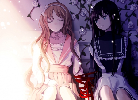 Thread of Fate - pretty, orginal, gothic, long hair, lolita, girls, red, cute, ribbon, friends