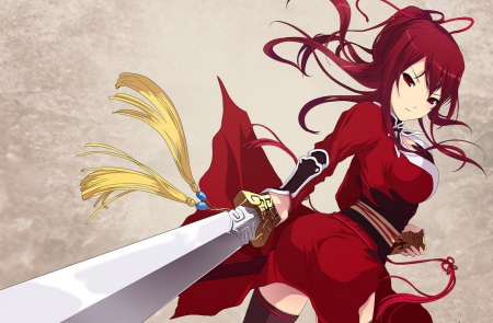 Red Warrior - art, pretty, girl, warrior, red, long hair, sword, orginal